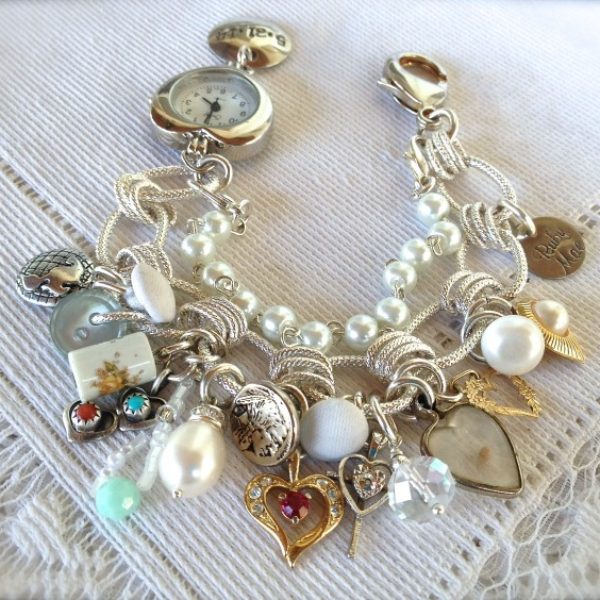 This bridal bracelet was for a daughter in law Alicia. Her mom in law Belinda gathered treasures from family members and each item has significance.