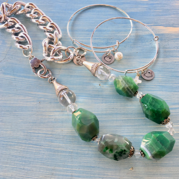 Green Stone Necklace & Hole In My Heart Adjustable Bangles